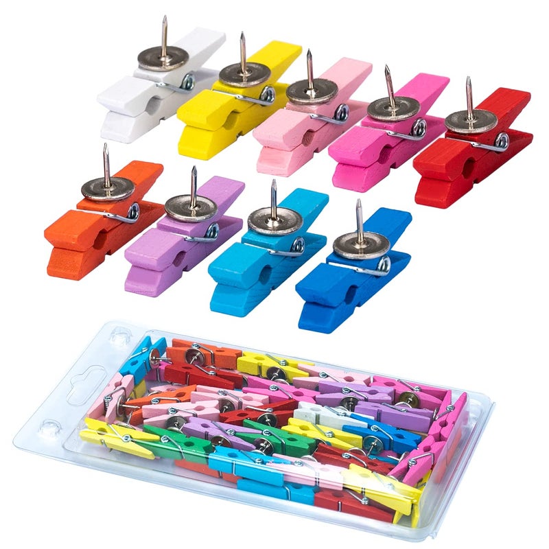 Push Pin clips for cork Board  50 Pcs colorful Push Pins with Wooden clips Decorative Assorted colors Thumbtack Pushpins Tacks for Bulletin Board Decorations  Artworks  Notes  Photos  Office and Home